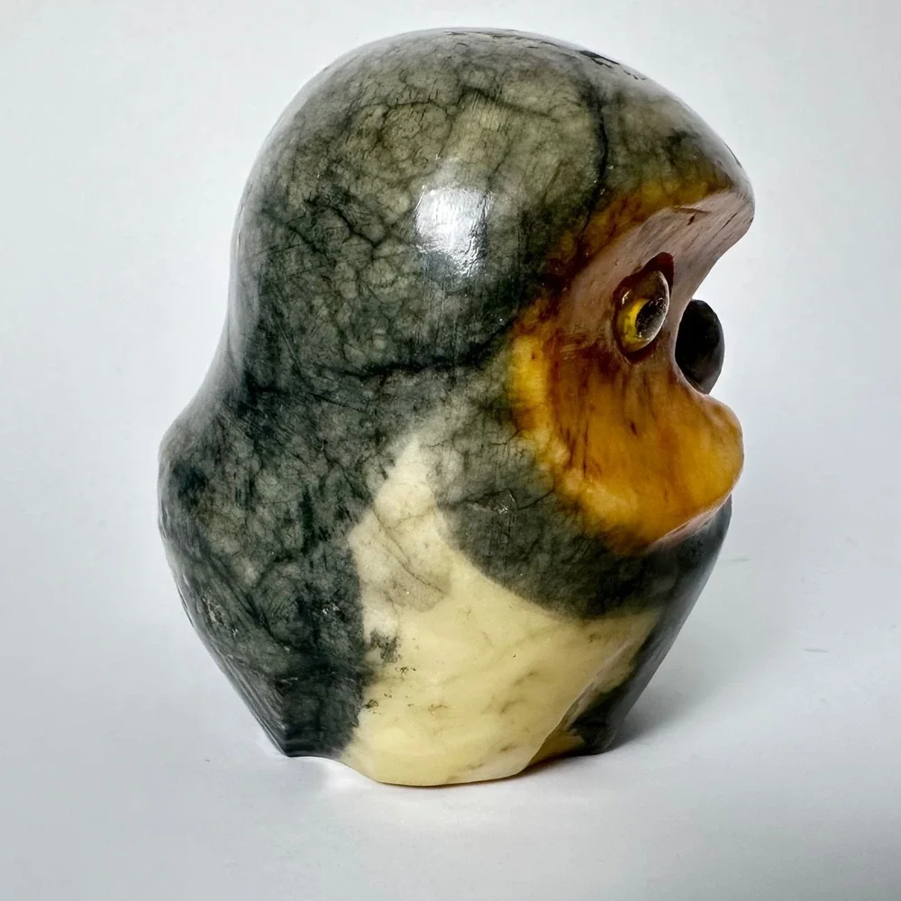 Vintage Italian Alabaster Owl Figurine Glass Eyes Hand Carved Stone Italy